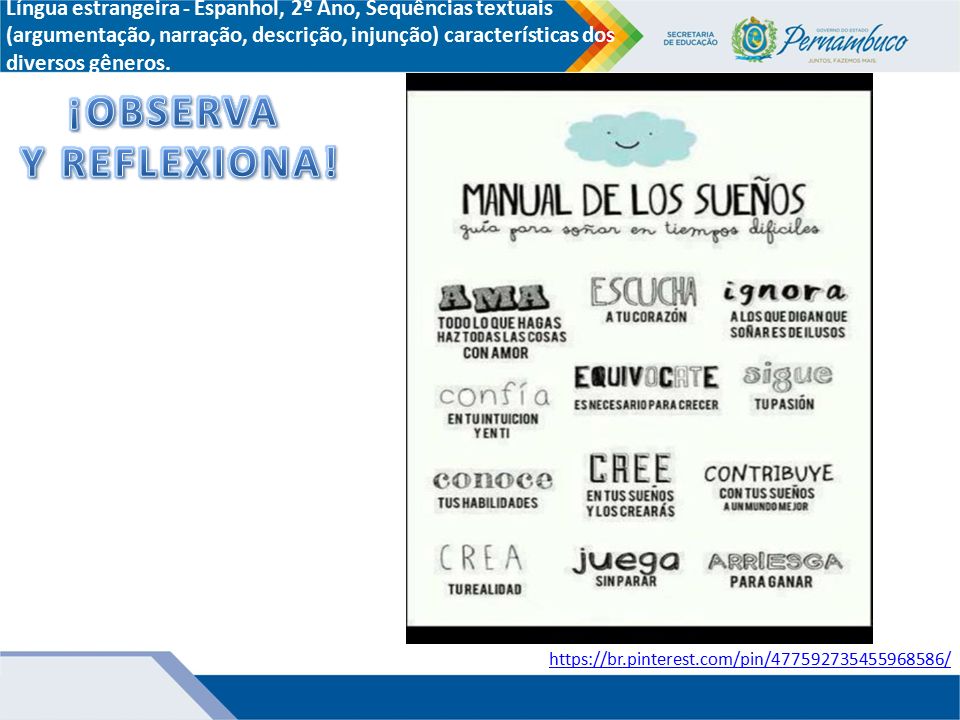 Língua estrangeira - Espanhol, 2º Ano, Sequências textuais (argumentação, narração, descrição, injunção) características dos diversos gêneros.