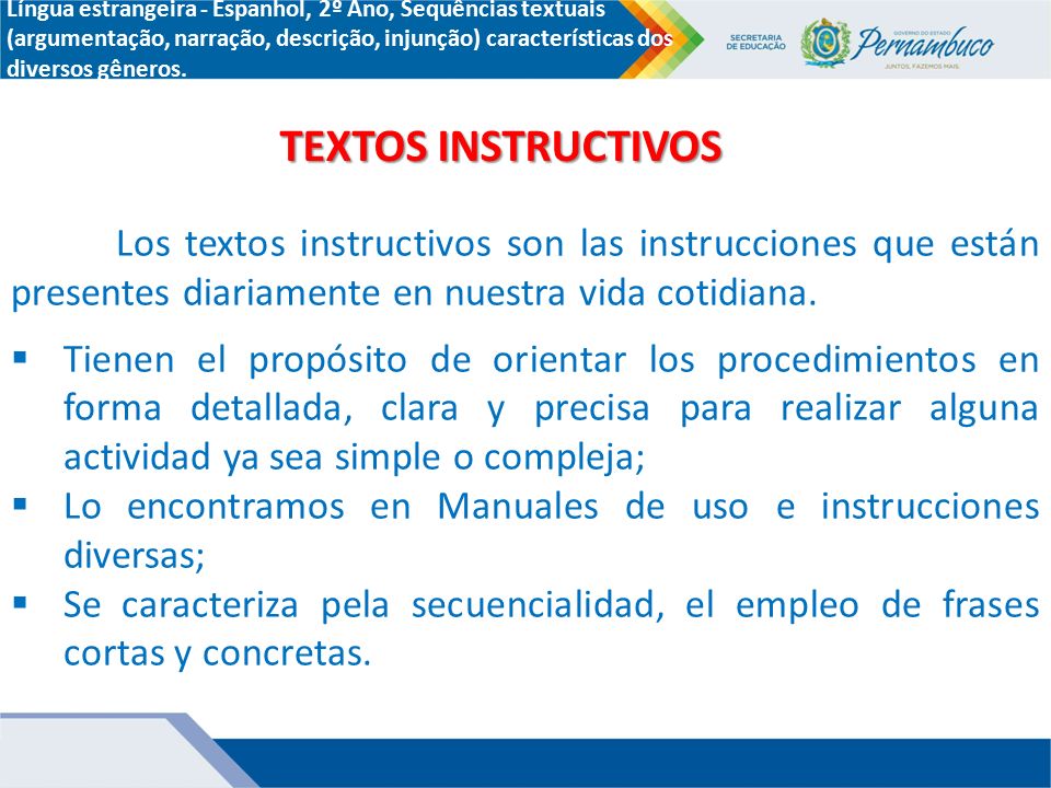 Língua estrangeira - Espanhol, 2º Ano, Sequências textuais (argumentação, narração, descrição, injunção) características dos diversos gêneros.