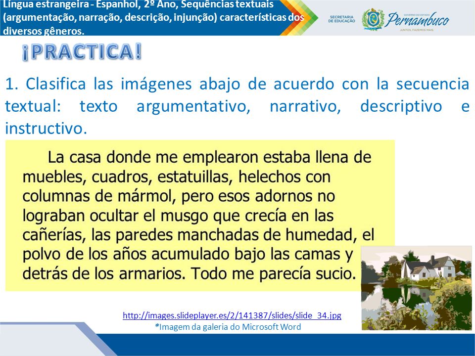 Língua estrangeira - Espanhol, 2º Ano, Sequências textuais (argumentação, narração, descrição, injunção) características dos diversos gêneros.