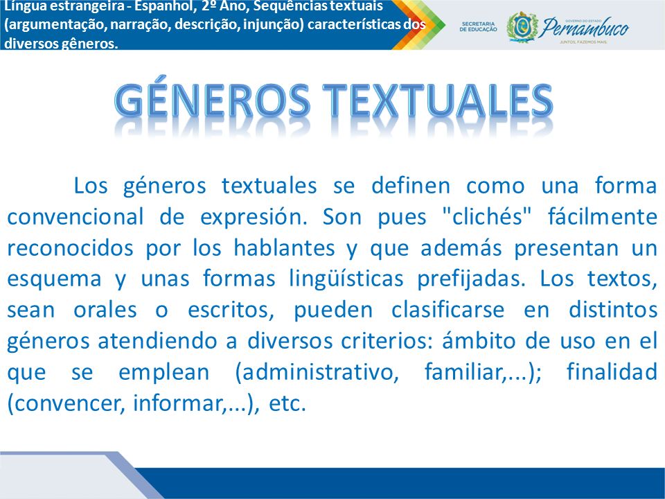 Língua estrangeira - Espanhol, 2º Ano, Sequências textuais (argumentação, narração, descrição, injunção) características dos diversos gêneros.