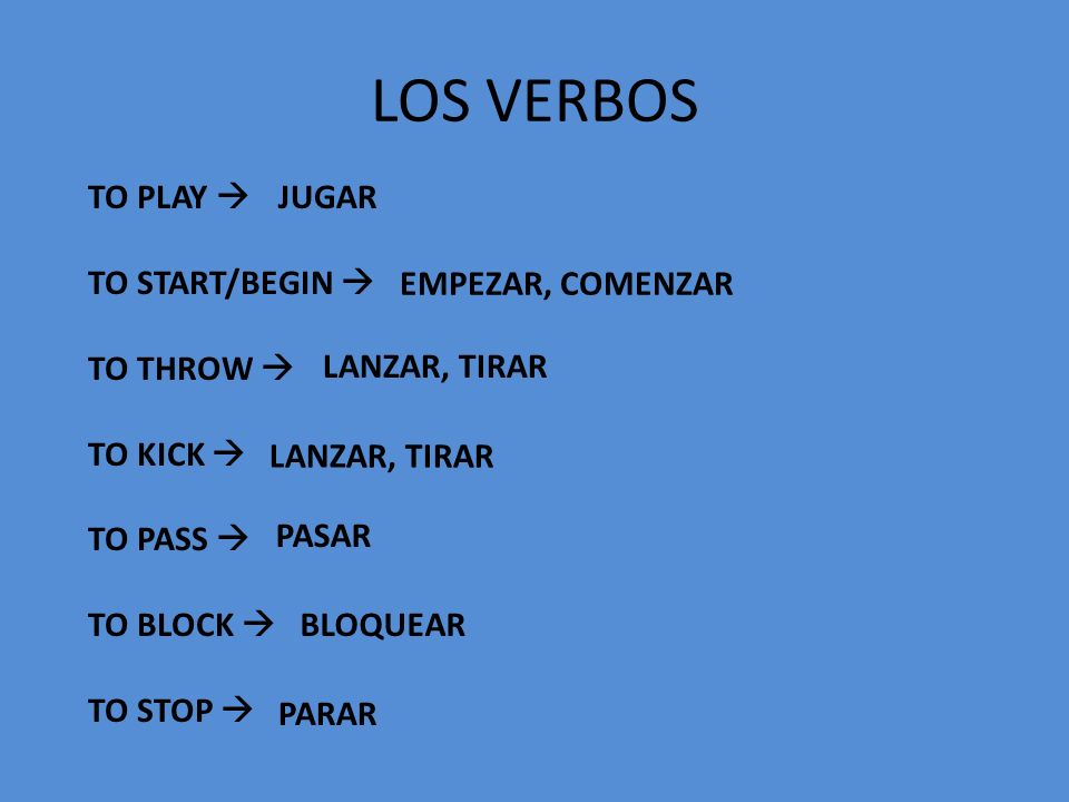 LOS VERBOS TO PLAY  TO START/BEGIN  TO THROW  TO KICK  TO PASS 