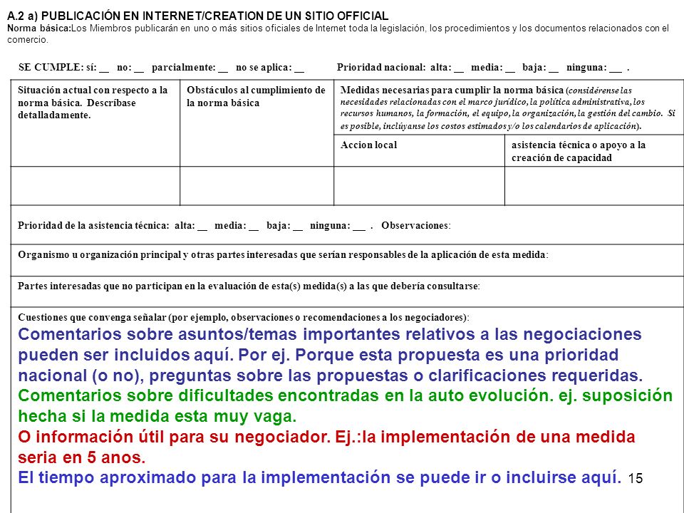 A.2 a) PUBLICACIÓN EN INTERNET/CREATION DE UN SITIO OFFICIAL Norma básica:Los Miembros publicarán en uno o más sitios oficiales de Internet toda la legislación, los procedimientos y los documentos relacionados con el comercio.