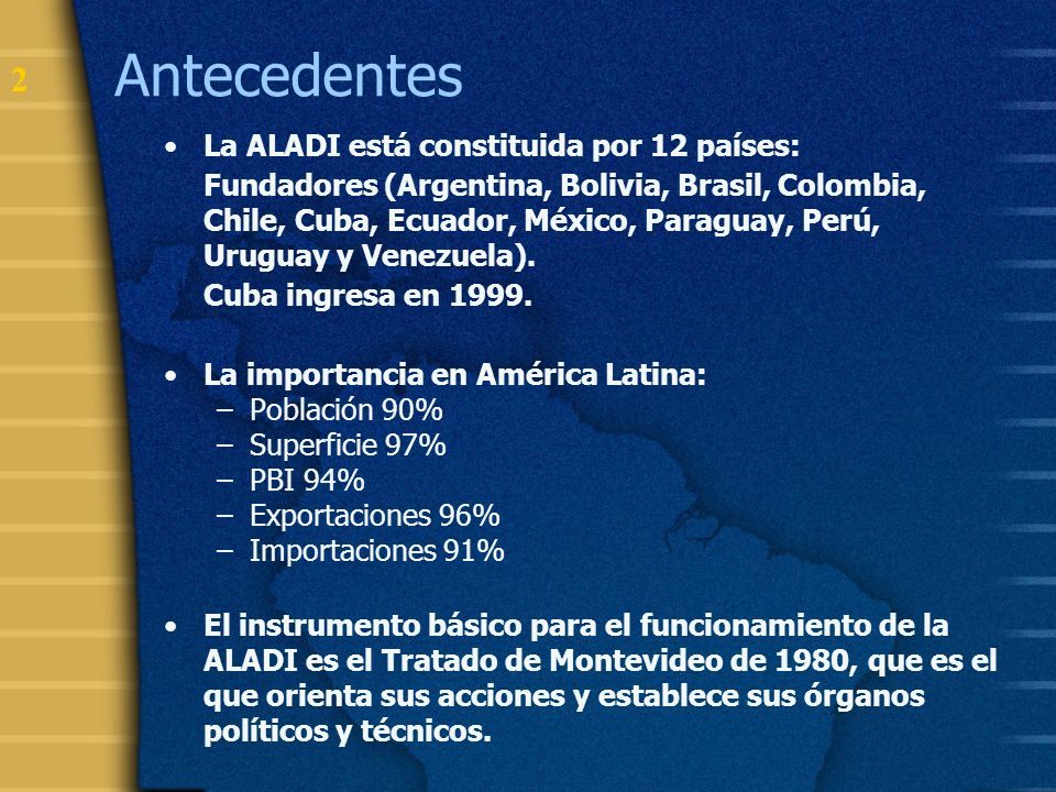 Antecedentes La ALADI está constituida por 12 países:
