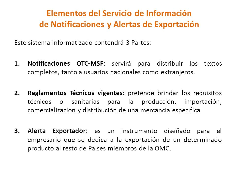 Elementos del Servicio de Información de Notificaciones y Alertas de Exportación