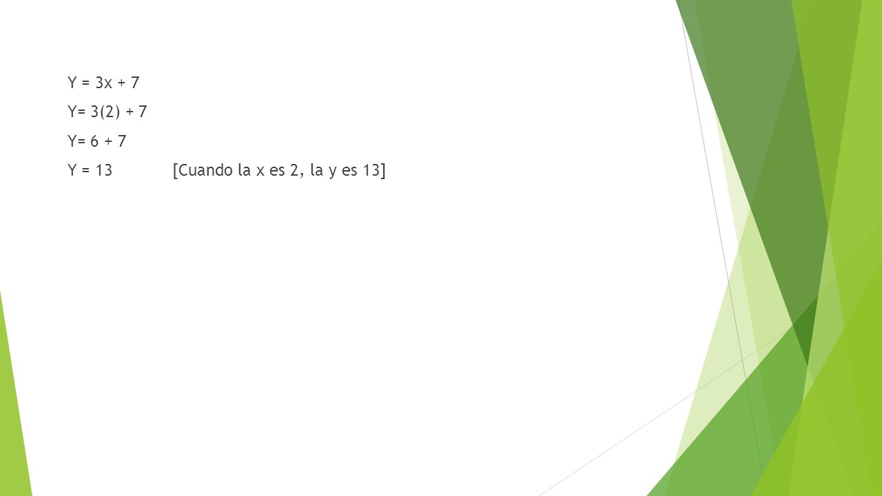 Y = 3x + 7 Y= 3(2) + 7 Y= Y = 13 [Cuando la x es 2, la y es 13]