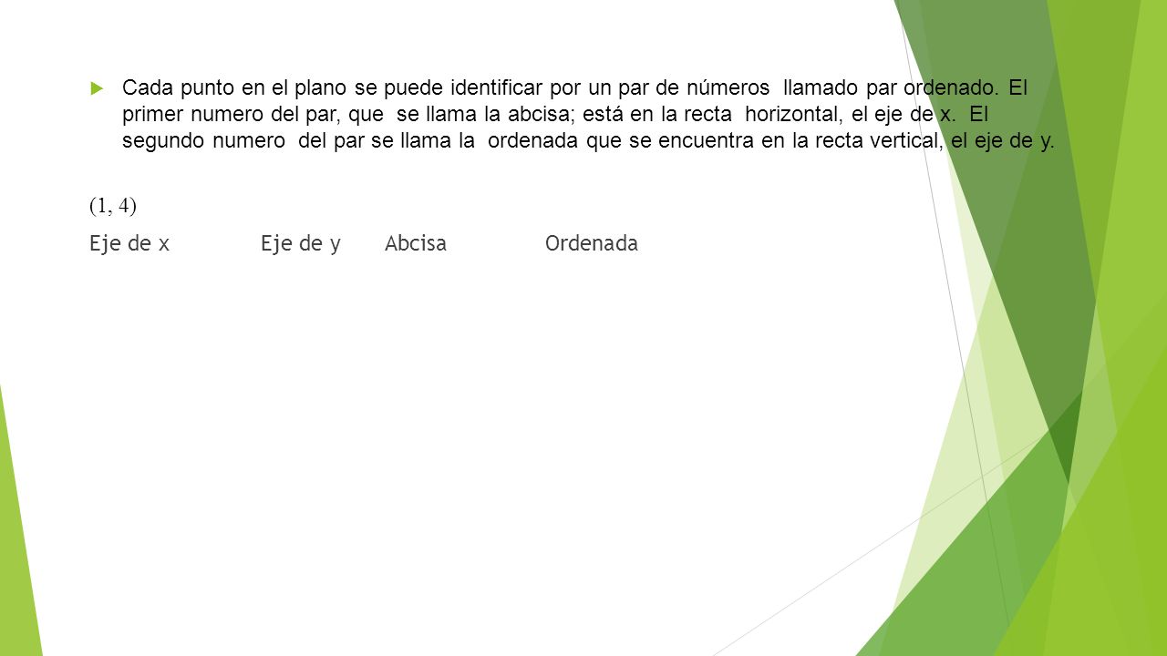 Cada punto en el plano se puede identificar por un par de números llamado par ordenado. El primer numero del par, que se llama la abcisa; está en la recta horizontal, el eje de x. El segundo numero del par se llama la ordenada que se encuentra en la recta vertical, el eje de y.