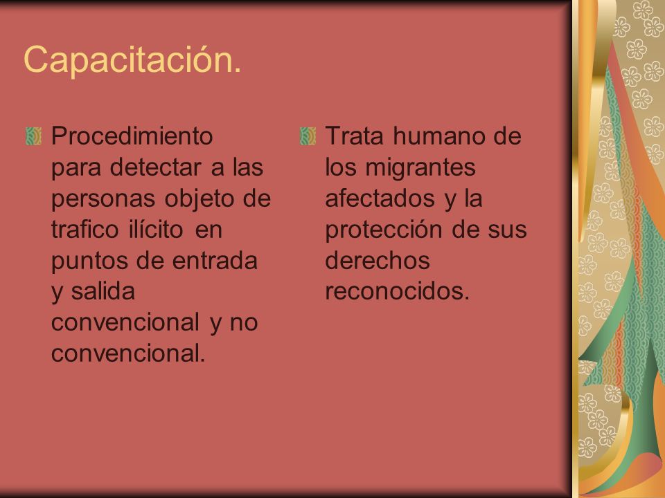 Capacitación. Procedimiento para detectar a las personas objeto de trafico ilícito en puntos de entrada y salida convencional y no convencional.