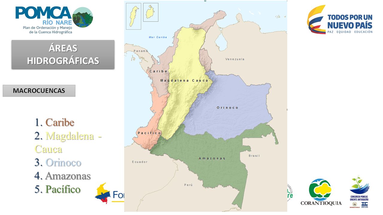 1. Caribe 2. Magdalena - Cauca 3. Orinoco 4. Amazonas 5. Pacífico