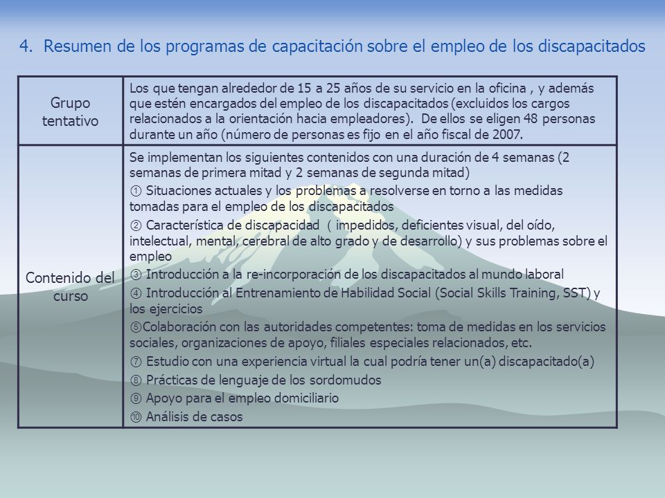 4. Resumen de los programas de capacitación sobre el empleo de los discapacitados