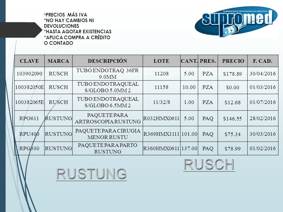 RUSCH RUSTUNG CLAVE MARCA DESCRIPCIÓN LOTE CANT. PRES. PRECIO F. CAD.