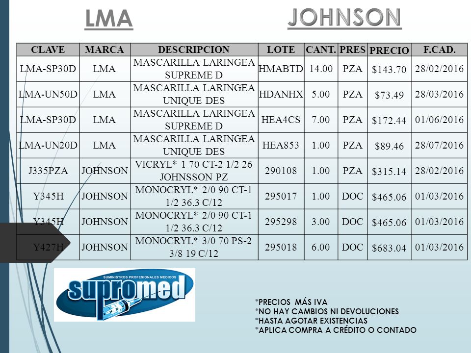 LMA JOHNSON CLAVE MARCA DESCRIPCION LOTE CANT. PRES PRECIO F.CAD.