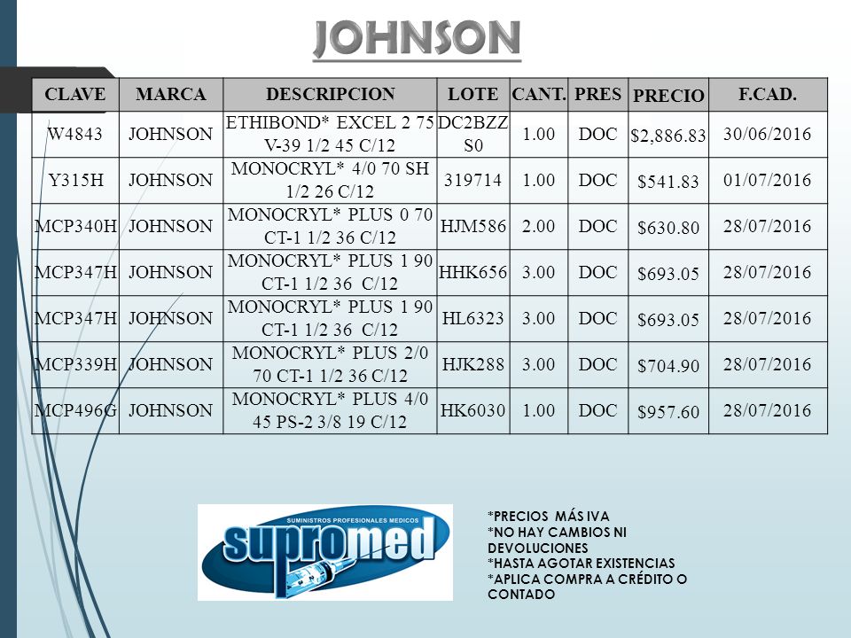 JOHNSON CLAVE MARCA DESCRIPCION LOTE CANT. PRES PRECIO F.CAD. W4843