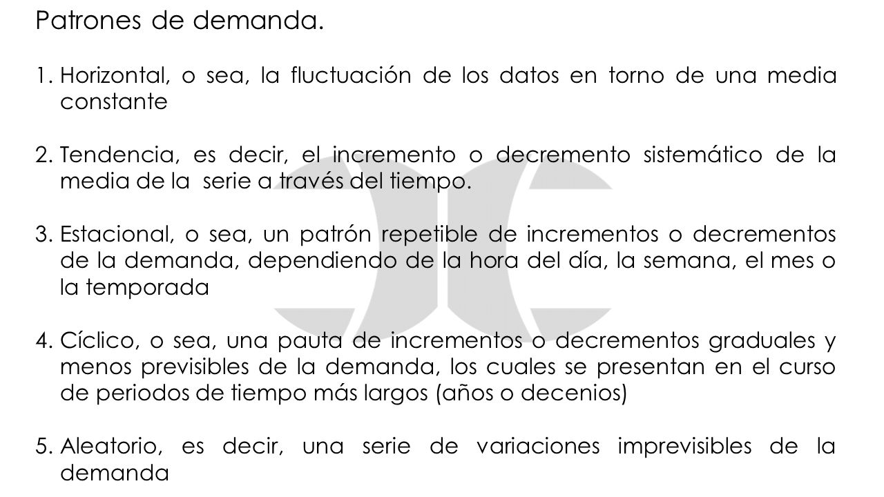 Patrones de demanda. Horizontal, o sea, la fluctuación de los datos en torno de una media constante.