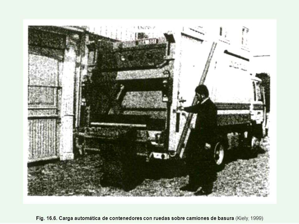 Fig Carga automática de contenedores con ruedas sobre camiones de basura (Kiely, 1999)