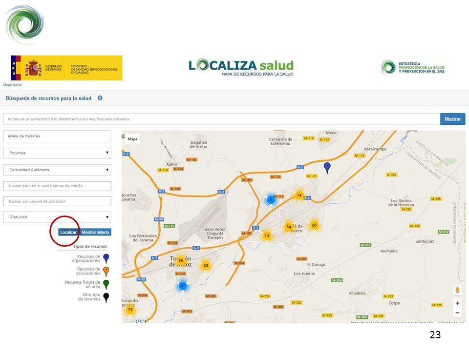 Se pueden mostrar los recursos en un mapa pulsando Localizar