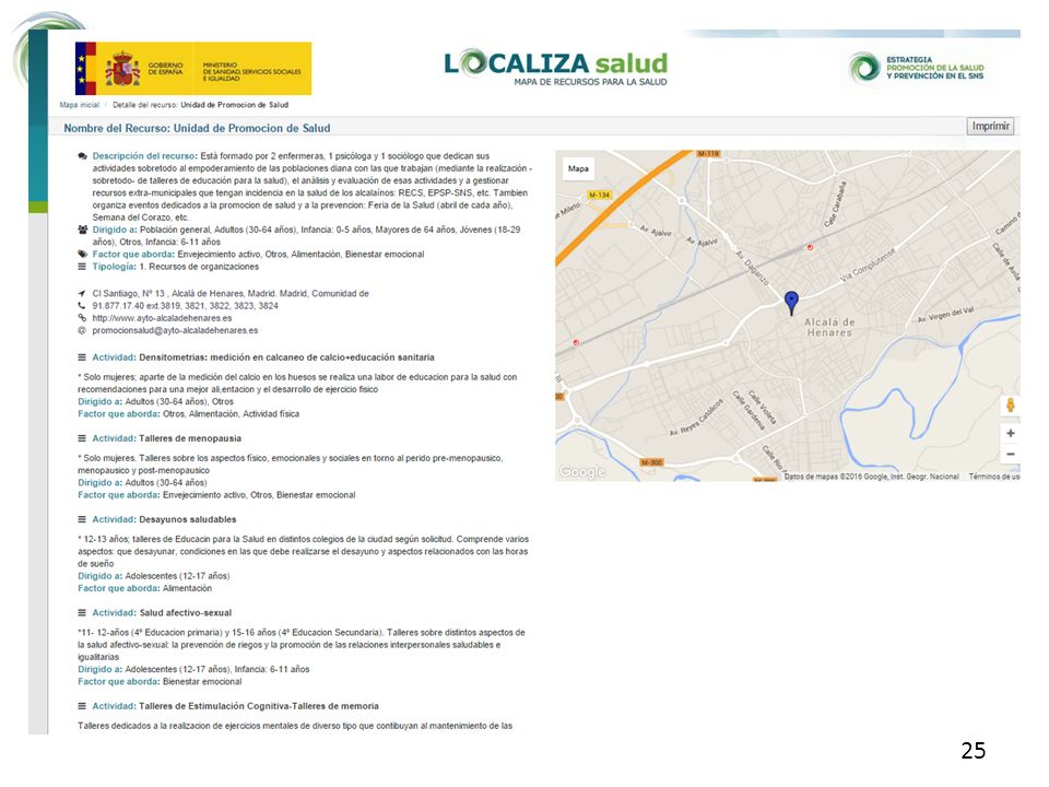 Información detallada del recurso y sus actividades, así como su localización en el mapa