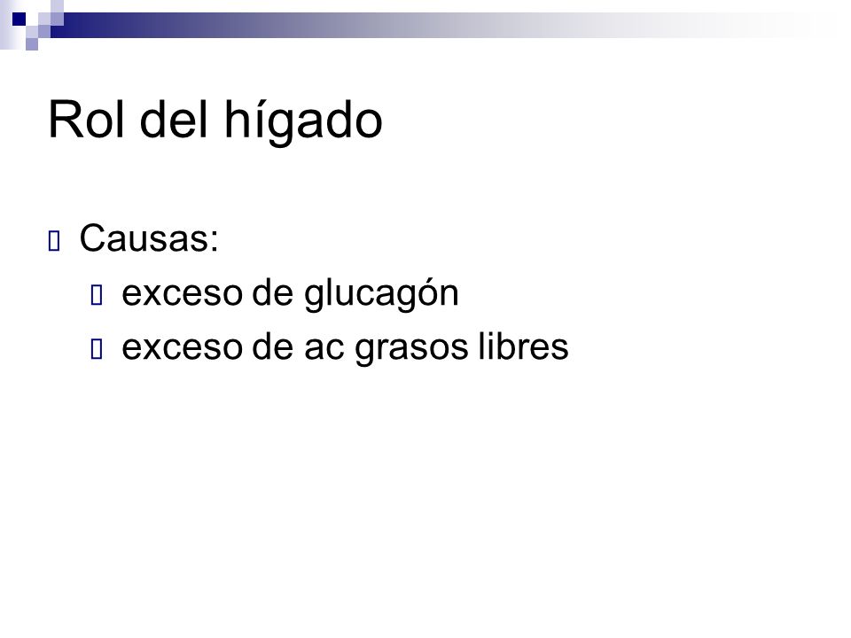 Rol del hígado Causas: exceso de glucagón exceso de ac grasos libres