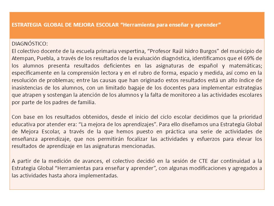 ESTRATEGIA GLOBAL DE MEJORA ESCOLAR Herramienta para enseñar y aprender