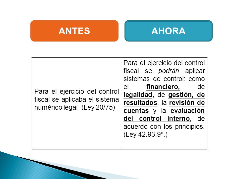 ANTES AHORA. Para el ejercicio del control fiscal se aplicaba el sistema numérico legal (Ley 20/75)