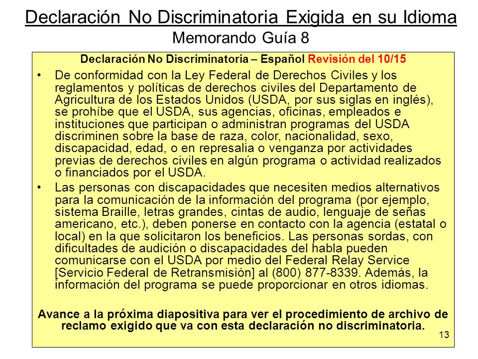 Declaración No Discriminatoria Exigida en su Idioma Memorando Guía 8