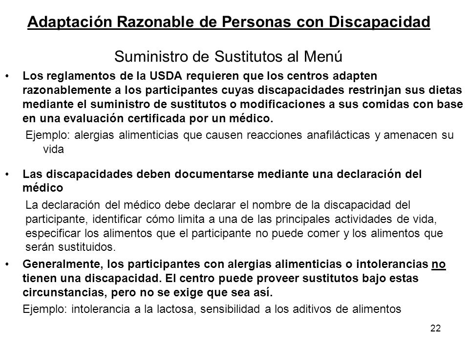 Adaptación Razonable de Personas con Discapacidad Suministro de Sustitutos al Menú