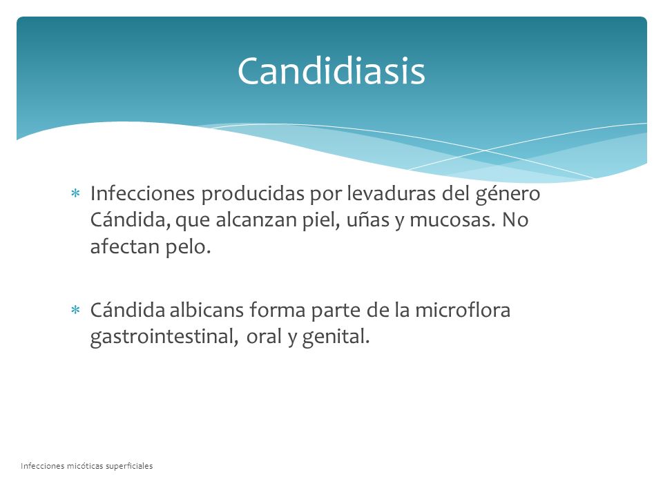 Candidiasis Infecciones producidas por levaduras del género Cándida, que alcanzan piel, uñas y mucosas. No afectan pelo.