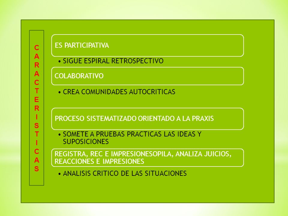 ES PARTICIPATIVA SIGUE ESPIRAL RETROSPECTIVO. COLABORATIVO. CREA COMUNIDADES AUTOCRITICAS. C. A.