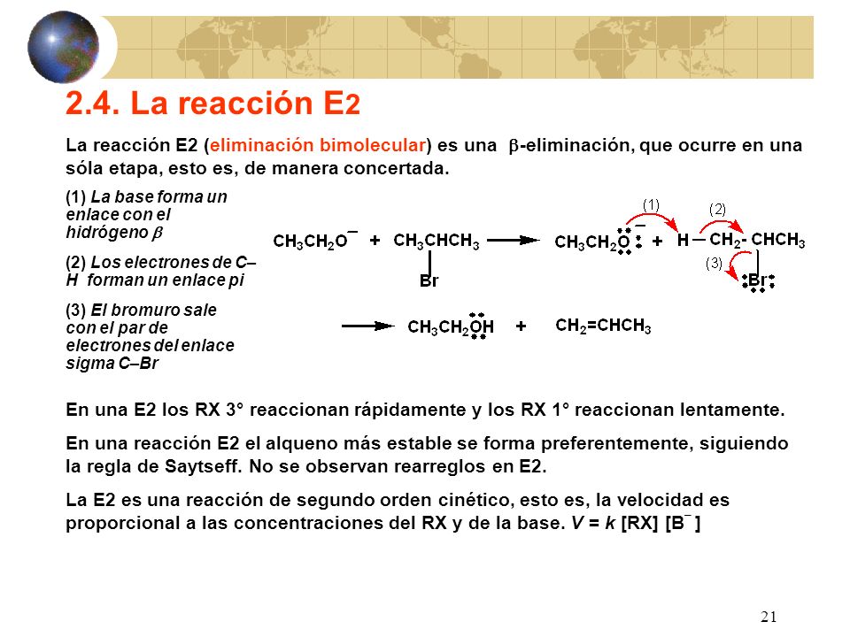 2.4. La reacción E2 La reacción E2 (eliminación bimolecular) es una -eliminación, que ocurre en una sóla etapa, esto es, de manera concertada.