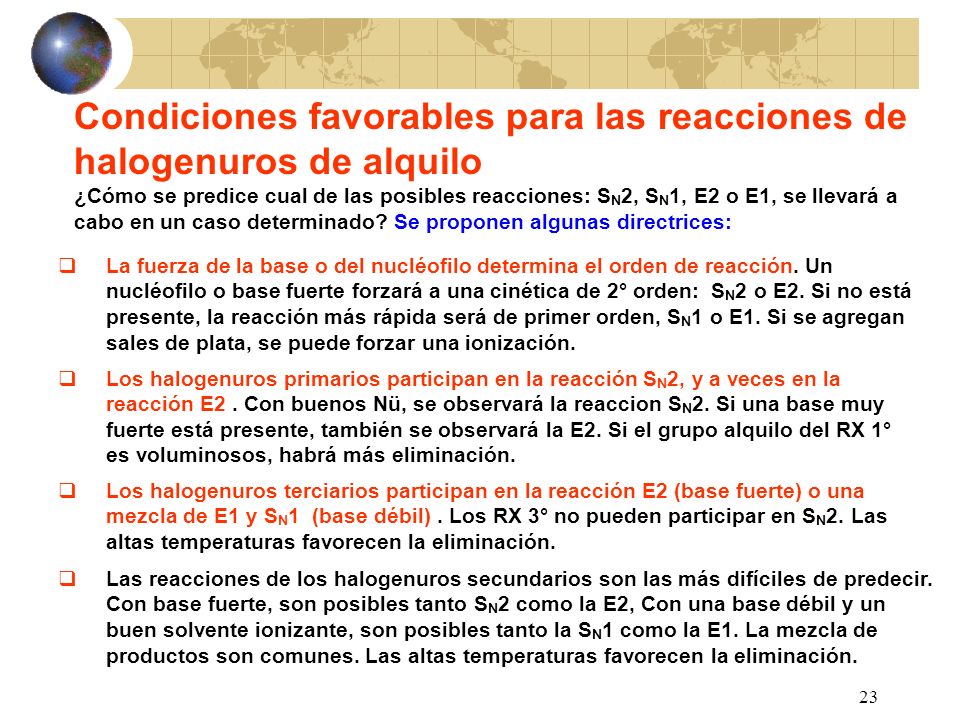 Condiciones favorables para las reacciones de halogenuros de alquilo
