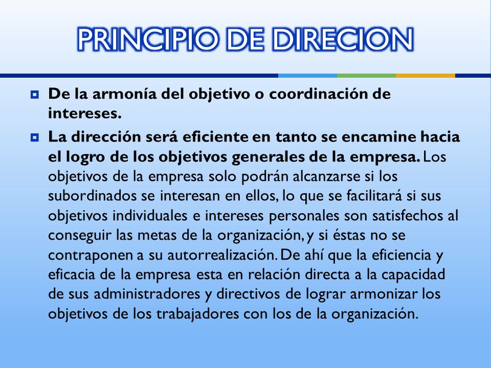 PRINCIPIO DE DIRECION De la armonía del objetivo o coordinación de intereses.