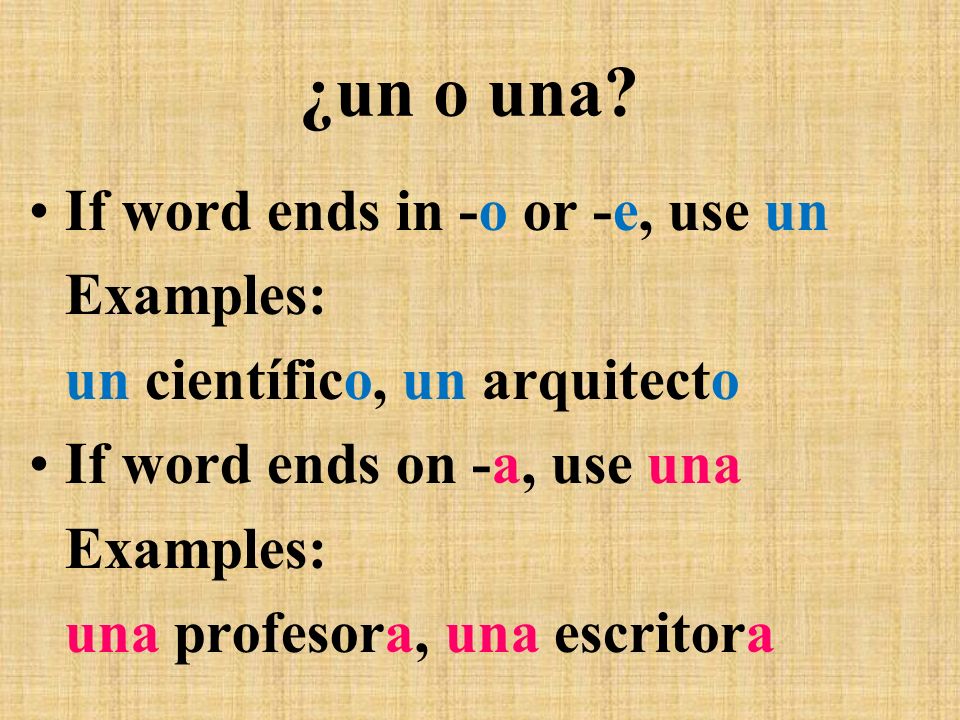 ¿un o una If word ends in -o or -e, use un Examples: