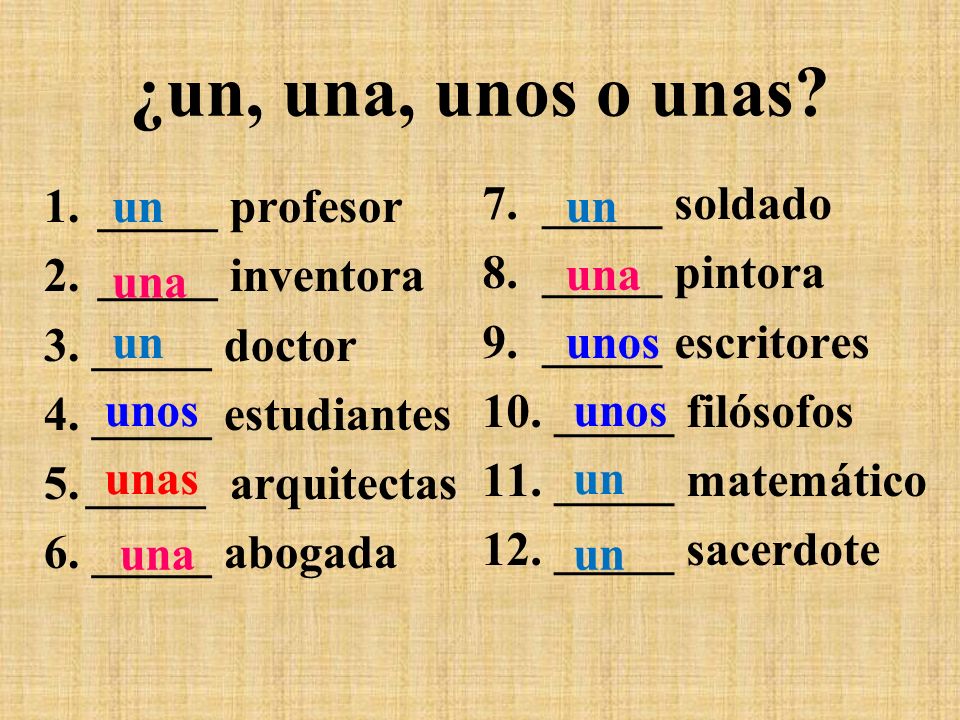 ¿un, una, unos o unas _____ profesor _____ inventora _____ doctor