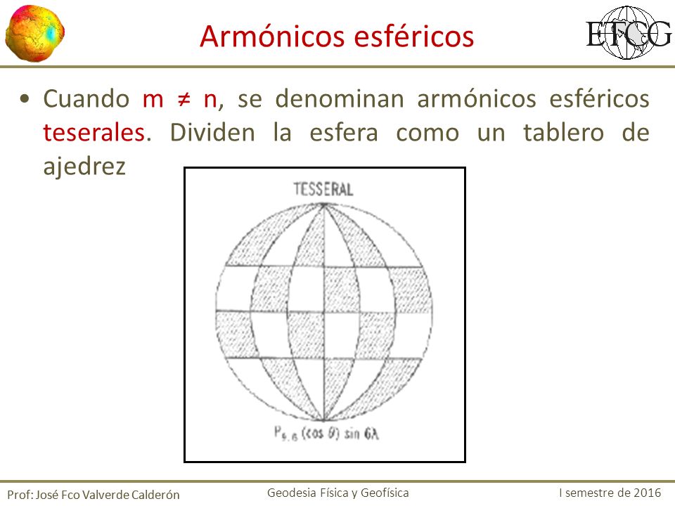 Armónicos esféricos Cuando m ≠ n, se denominan armónicos esféricos teserales. Dividen la esfera como un tablero de ajedrez.