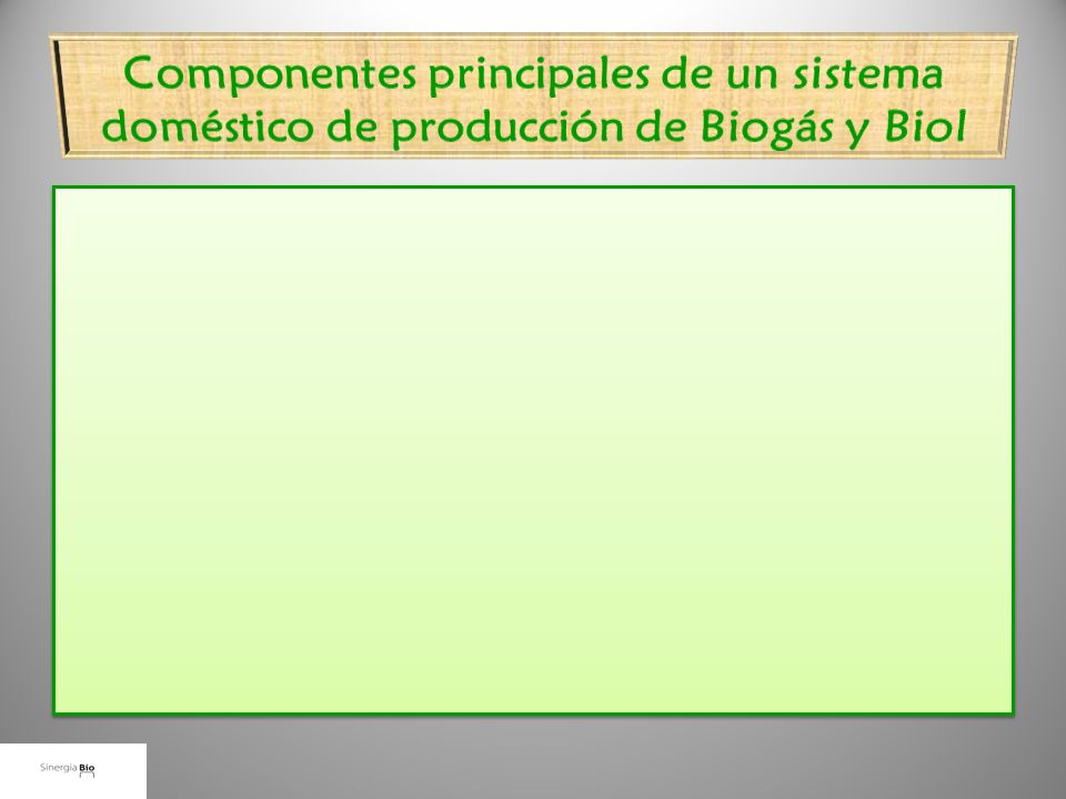 Componentes principales de un sistema doméstico de producción de Biogás y Biol