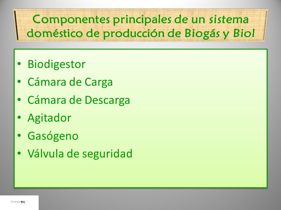 Componentes principales de un sistema doméstico de producción de Biogás y Biol