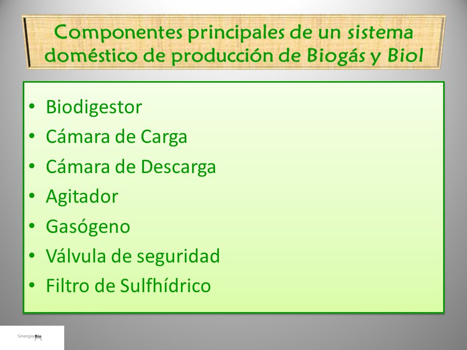 Componentes principales de un sistema doméstico de producción de Biogás y Biol