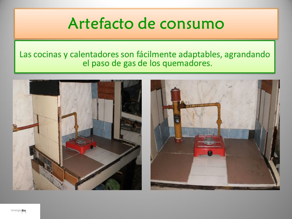 Artefacto de consumo Las cocinas y calentadores son fácilmente adaptables, agrandando el paso de gas de los quemadores.