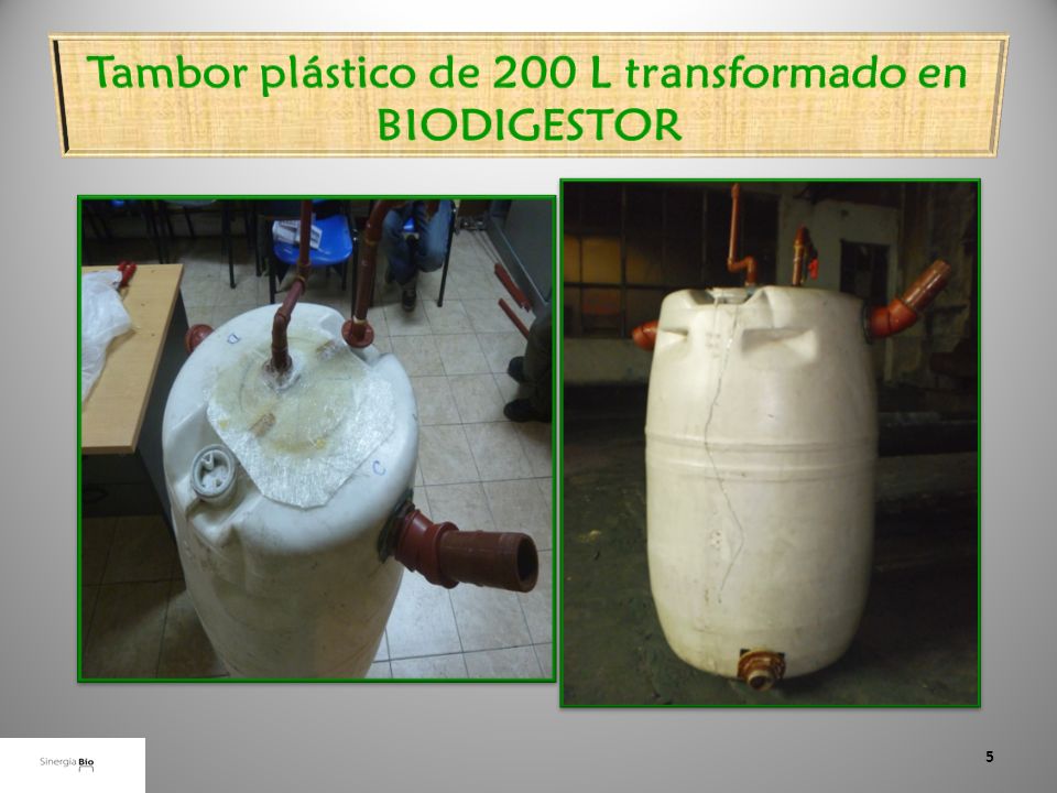Tambor plástico de 200 L transformado en BIODIGESTOR