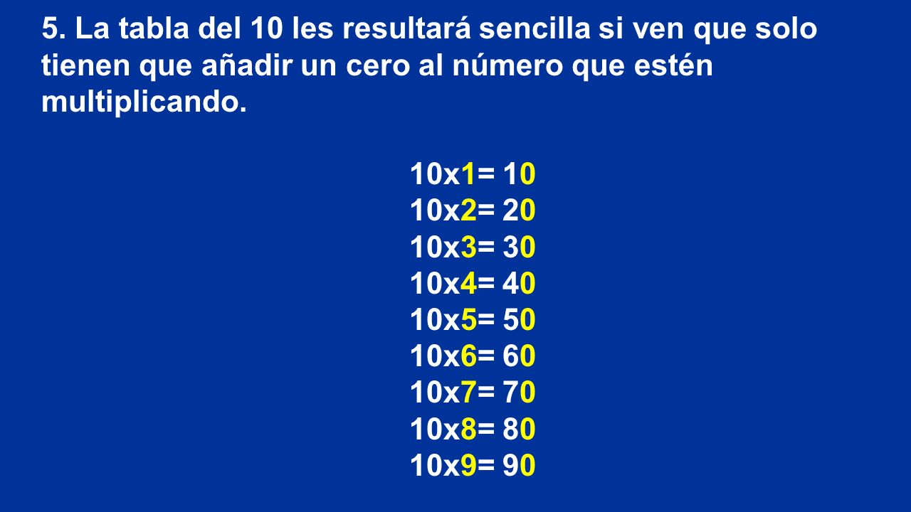 5. La tabla del 10 les resultará sencilla si ven que solo tienen que añadir un cero al número que estén multiplicando.
