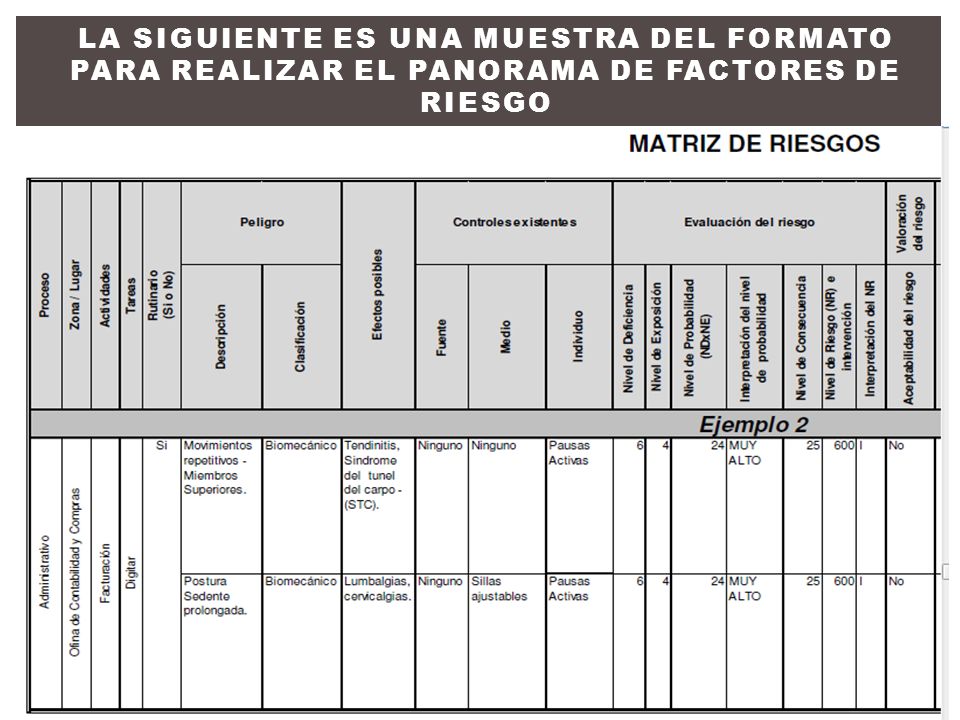 La siguiente es una muestra del formato para realizar el Panorama de Factores de Riesgo