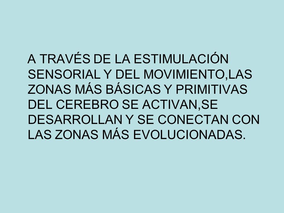 A TRAVÉS DE LA ESTIMULACIÓN SENSORIAL Y DEL MOVIMIENTO,LAS ZONAS MÁS BÁSICAS Y PRIMITIVAS DEL CEREBRO SE ACTIVAN,SE DESARROLLAN Y SE CONECTAN CON LAS ZONAS MÁS EVOLUCIONADAS.