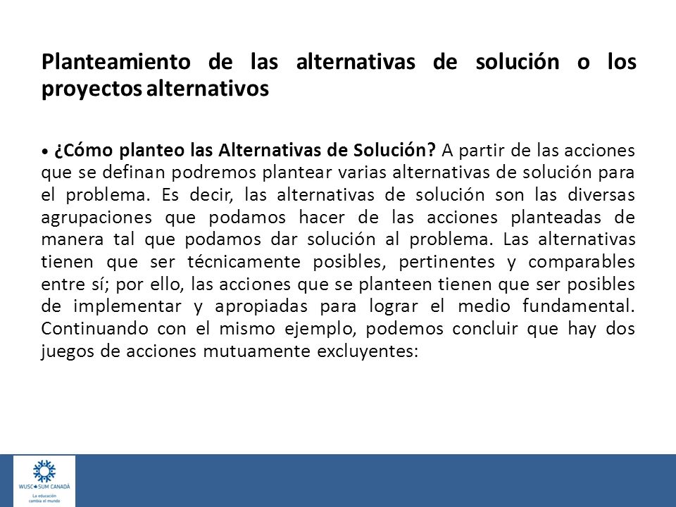 Planteamiento de las alternativas de solución o los proyectos alternativos