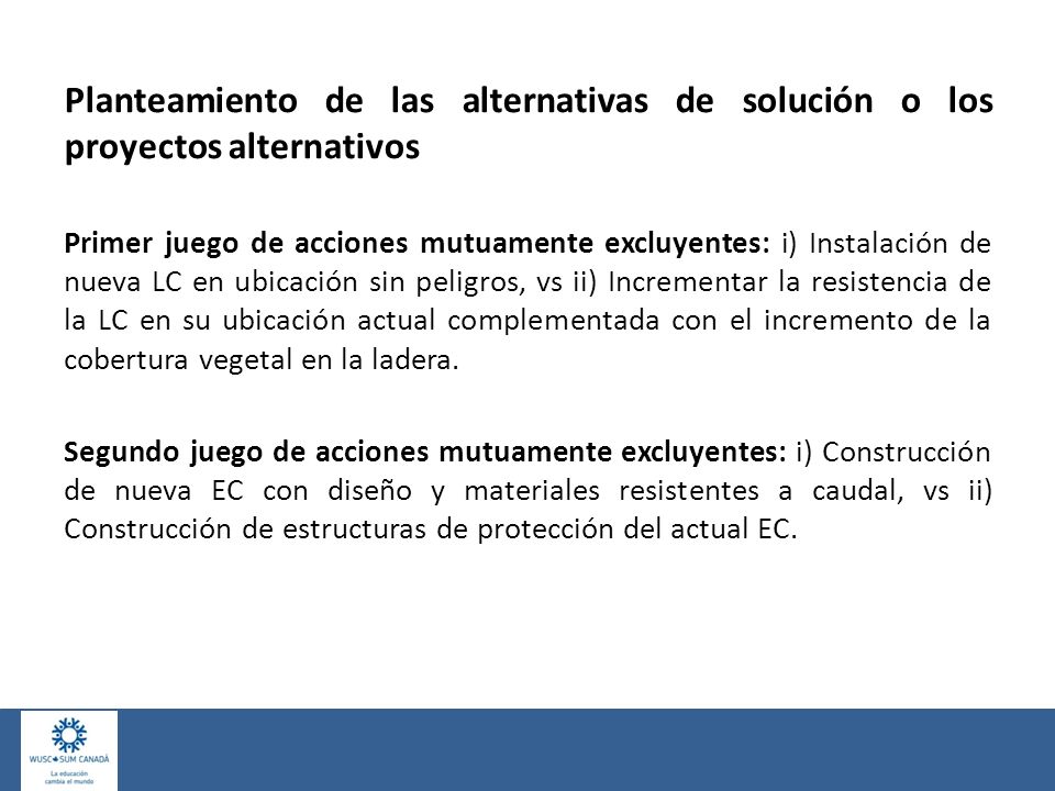 Planteamiento de las alternativas de solución o los proyectos alternativos