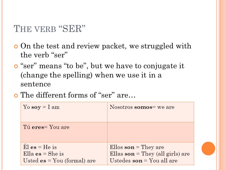 The verb SER On the test and review packet, we struggled with the verb ser