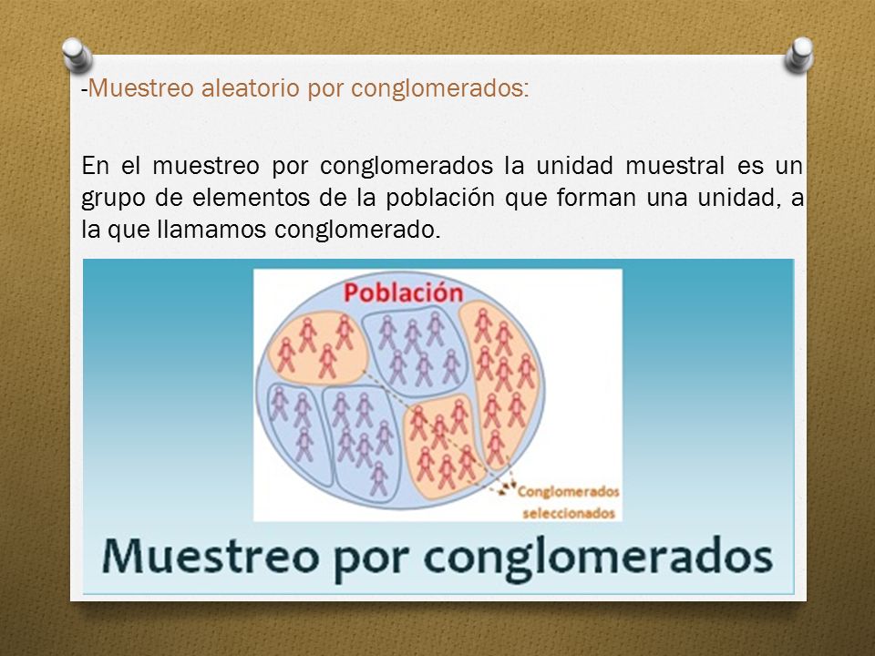-Muestreo aleatorio por conglomerados: En el muestreo por conglomerados la unidad muestral es un grupo de elementos de la población que forman una unidad, a la que llamamos conglomerado.
