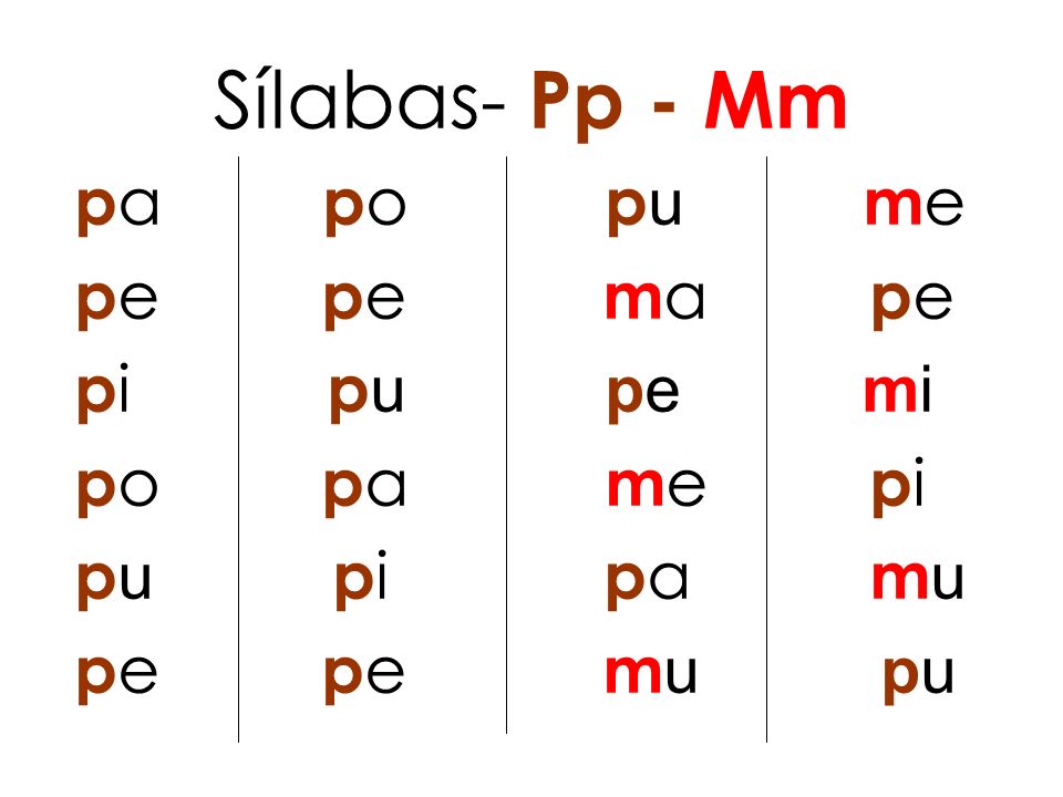 Sílabas- Pp - Mm pa po pu me pe pe ma pe pi pu pe mi po pa me pi