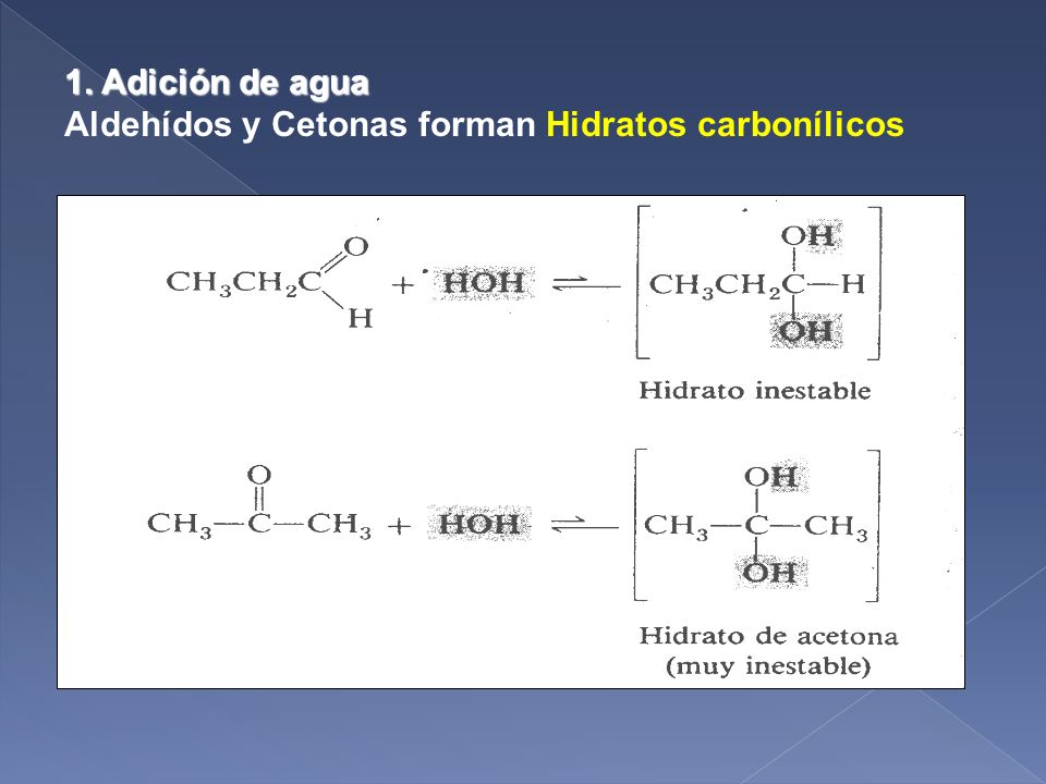 1. Adición de agua Aldehídos y Cetonas forman Hidratos carbonílicos