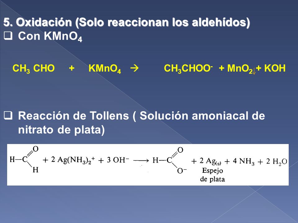 CH3 CHO + KMnO4  CH3CHOO- + MnO2 + KOH