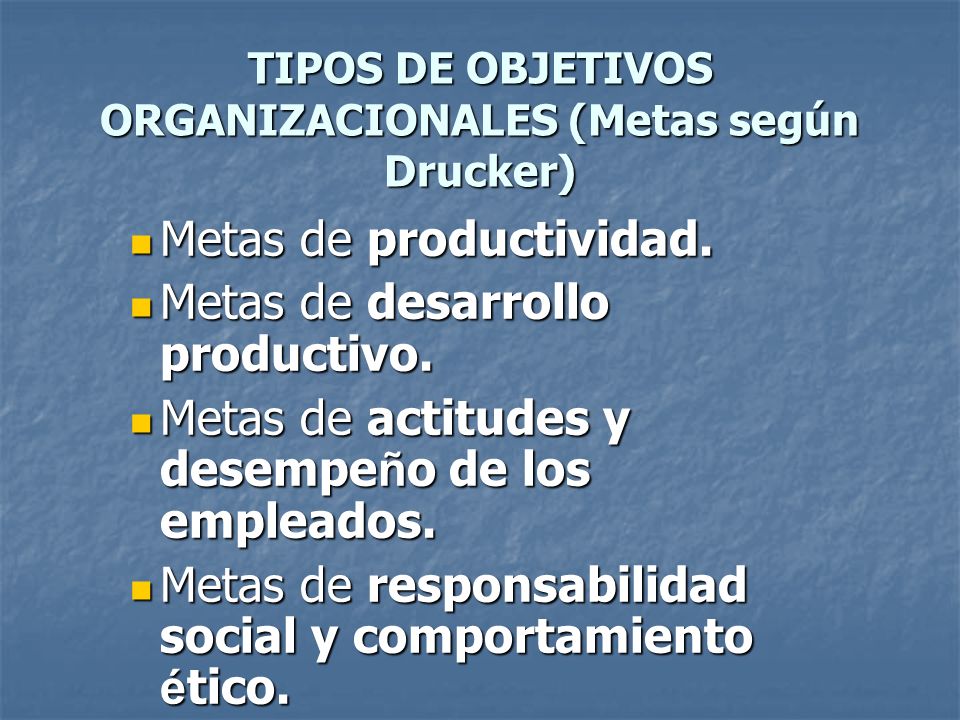 TIPOS DE OBJETIVOS ORGANIZACIONALES (Metas según Drucker)