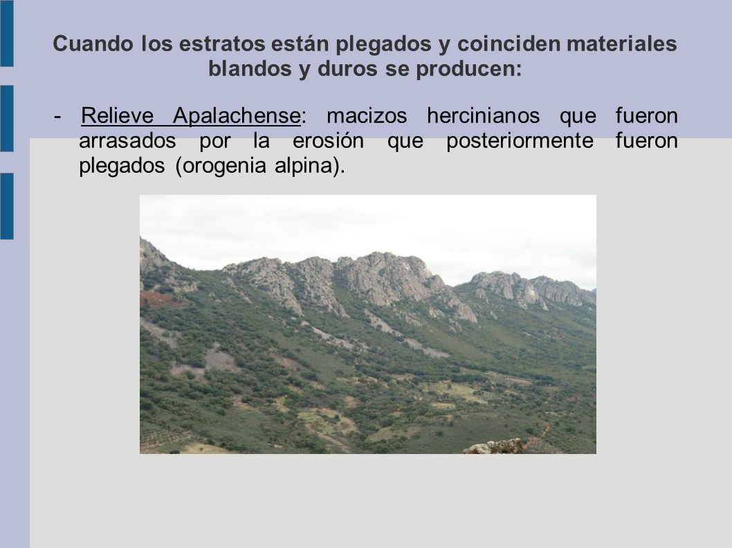 Cuando los estratos están plegados y coinciden materiales blandos y duros se producen: